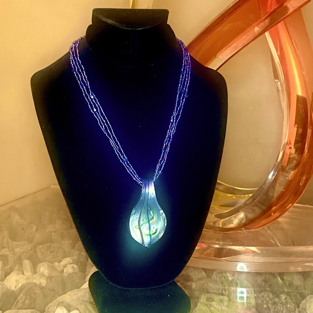 Blue, purple and Green with large art pendant beaded Artisan Necklace
